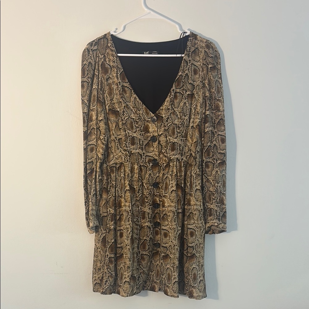 Zara Brown Snake-Print Long Sleeve Button Dress